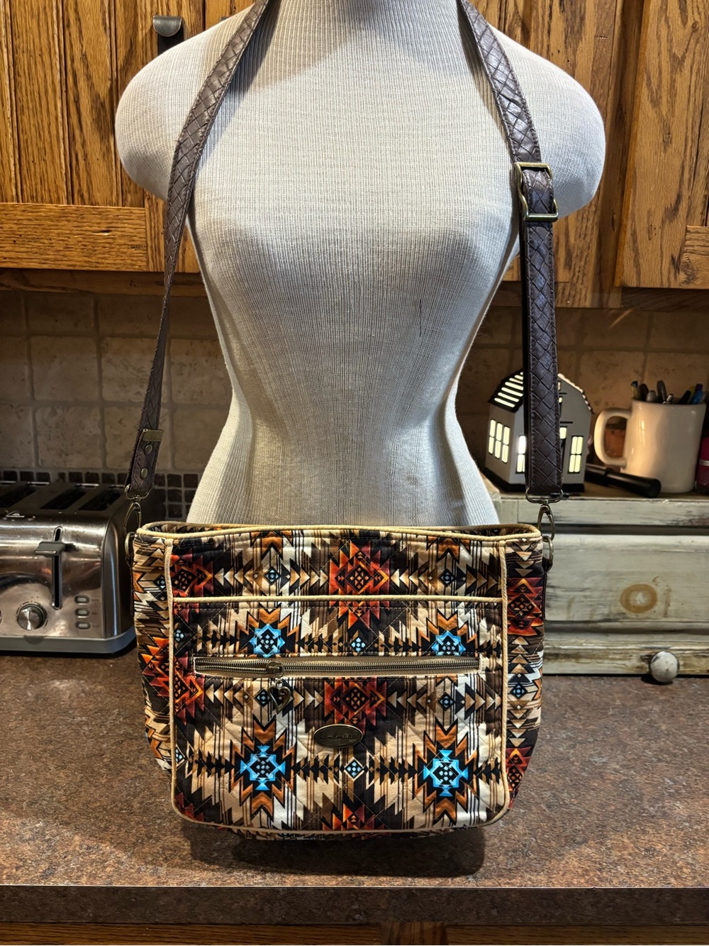 Aztec Pattern Crossbody Bag with Adjustable Brown Strap